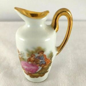 Dollhouse Limoges Miniature Porcelain Pitcher Gold Trim Lovers Signed Fragonard